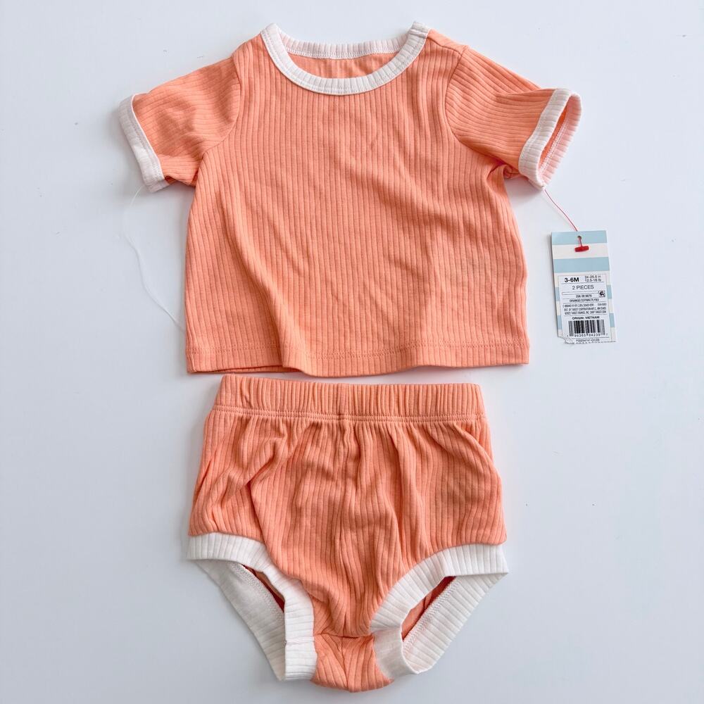 Baby Cat & Jack 2-piece set ribbed short sleeve tee and bloomers orange white